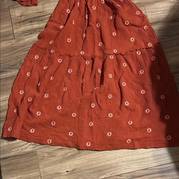 Rust Smocked Maxi Dress with Floral Embroidery - Picture 2 of 5